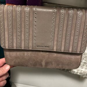 Michael Kors Brooklyn Large Grommet Suede and Leather Crossbody in Cinder